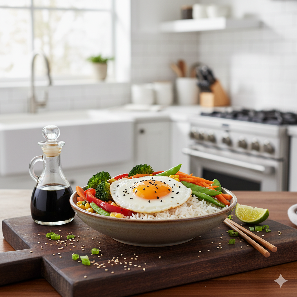 Bowl de arroz con verduras y huevo