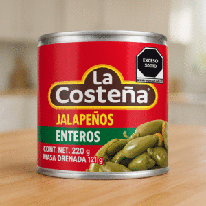 Chiles en vinagre Jalapeños Enteros LA COSTEÑA de 220gr, 380gr y 2.800kg