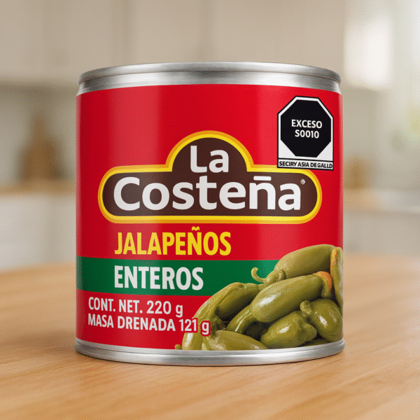Chiles en vinagre Jalapeños Enteros LA COSTEÑA de 220gr, 380gr y 2.800kg